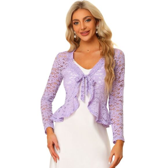 Floral Lace Shrug Tie Front Ruffled Hem Sheer Crop Bolero Cardigan Light Purple - Picture 1 of 6